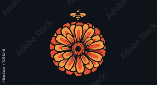 Stylized orange flower with a bee illustration.