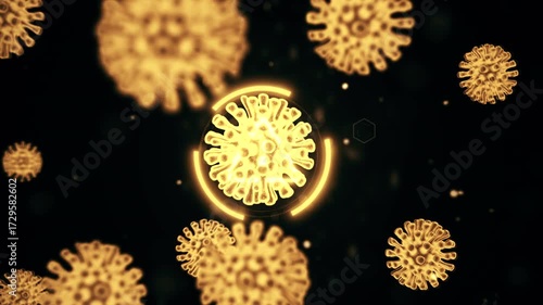 Influenza virus H1N1 yellow color cells are floating in black space background under magnification in an electron microscope. Viral disease abstract background. 3d rendering animation in 4K video.