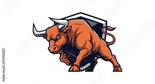 Powerful aggressive bull charging out of a shield emblem logo.
