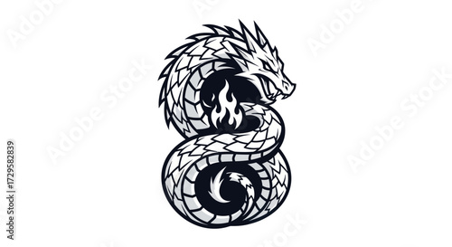 Monochrome serpentine dragon illustration with a fire emblem.