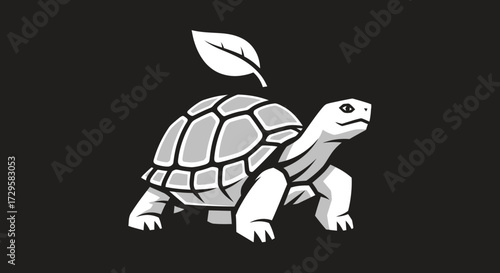 Monochrome illustration of a walking tortoise with a single leaf.