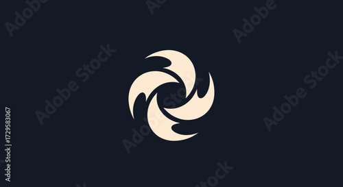 Abstract circular design with four stylized flame like elements.