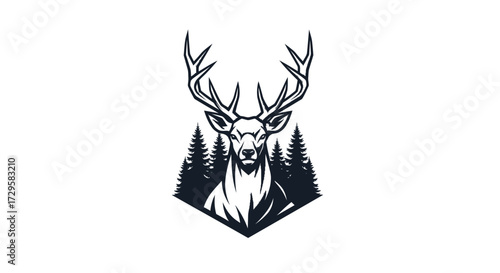 Monochrome vector illustration of a majestic deer head with large antlers.