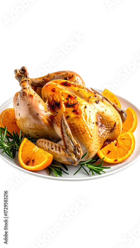 Roasted chicken with oranges and herbs on a white plate.  A whole roasted chicken, golden brown and glazed, rests on a white plate.  