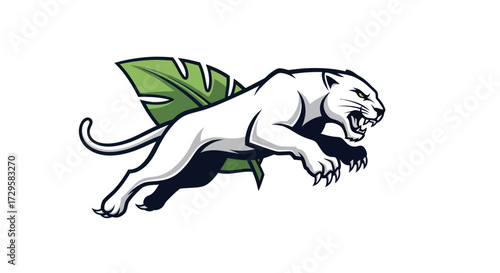 White Panther Leaping Fiercely With Green Leaf Wings.
