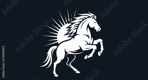 Majestic white horse rearing with a radiant sunburst behind it.