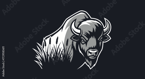 Stylized illustration of a powerful bison head with sharp horns and determined expression.