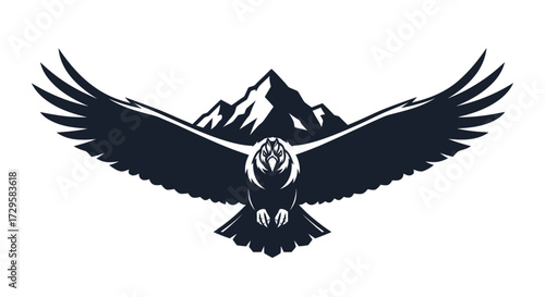 Stylized black eagle with spread wings over mountain peaks.