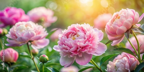 Fototapeta Naklejka Na Ścianę i Meble -  Soft pink peonies flowers with delicate petals and green leaves in a lush garden background , botanical, peonies,  botanical