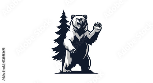 A powerful grizzly bear stands roaring next to a pine tree.