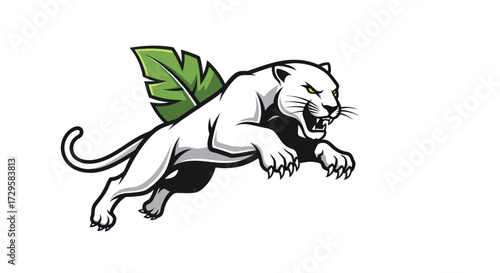 Fierce white panther with green leaf wings leaping forward.