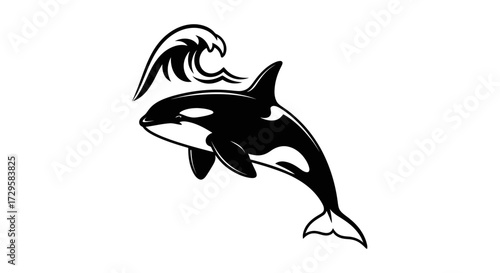 Monochrome vector illustration of a jumping orca whale with a wave.