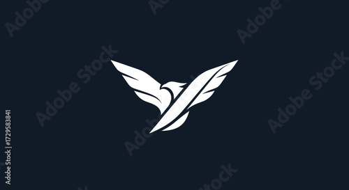 Elegant white bird logo soaring with outstretched wings on dark background.