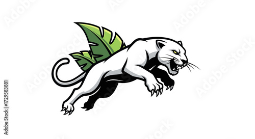Powerful Panther Leaping with Tropical Leaf Accent.