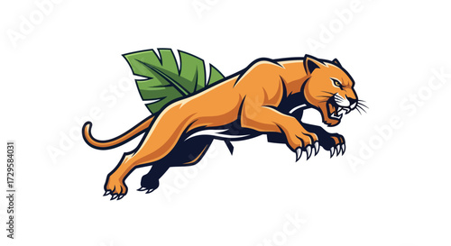 Fierce puma mascot leaping with a tropical leaf.