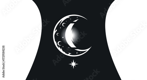 Crescent moon with stars and celestial design.