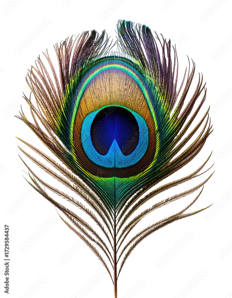 Obraz premium Close-up of a peacock feather, vibrant colors, intricate details, showing the iridescent hues and delicate barbs