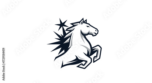Stylized rearing white horse with stars logo design.