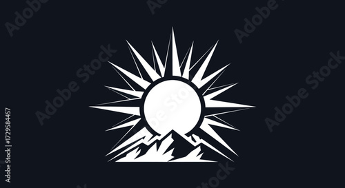 Graphic illustration of a radiant sun above rugged mountains.