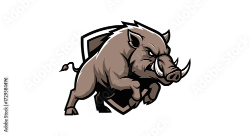 Aggressive wild boar mascot leaping forward with determination and focus.