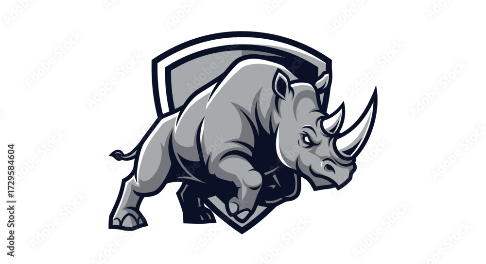 Naklejka premium Powerful gray rhino mascot charging in front of a shield emblem.