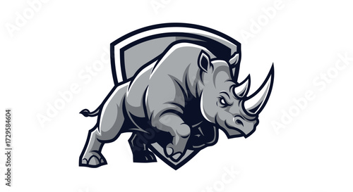 Powerful gray rhino mascot charging in front of a shield emblem.