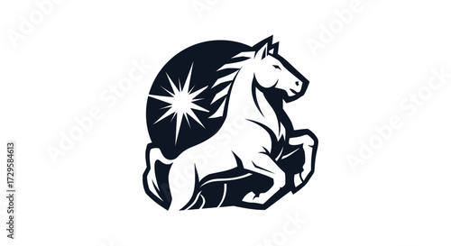 Stylized white horse rearing with a shining star logo.