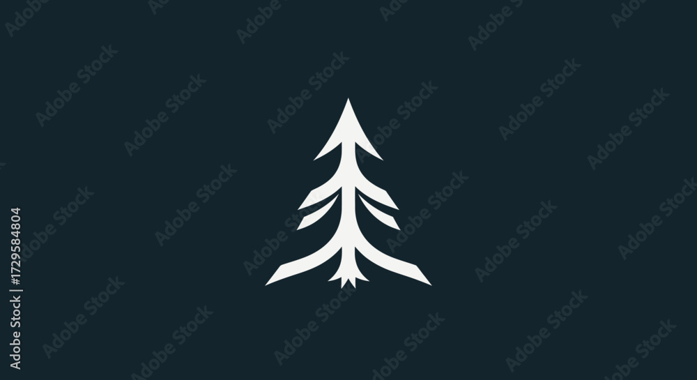 Obraz premium Stylized White Evergreen Tree Silhouette on Dark Green Background.