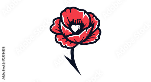 Stylized Red Poppy Flower with Heart-Shaped Center.