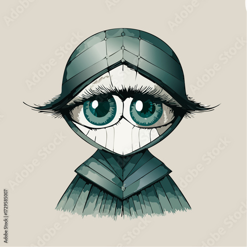 teal stoic guardian thin pencil cloak with hexagonal iris facets deep teal vigilance calm brows protective pose ideal for character packs stickers educational and game assets