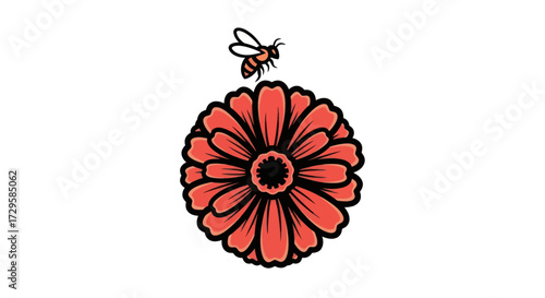 A vibrant red flower with a bee hovering above a beautiful floral scene.