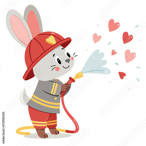 A cute cartoon rabbit firefighter spraying hearts with a hose.