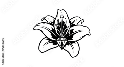 Black and White Lily Flower with a Diamond Center Illustration.