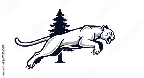 Powerful leaping cougar mascot in a monochrome illustration.