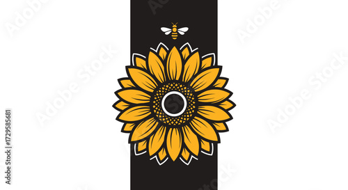 Sunflower with a bee on a black background a beautiful floral design.