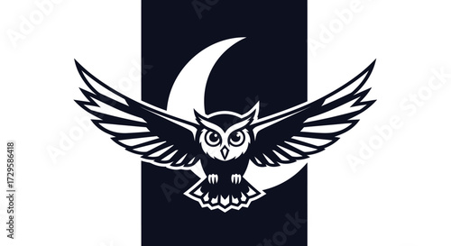 Majestic Owl in Flight Crescent Moon Behind.