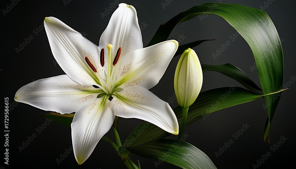 Fototapeta premium Single White Lily Flower With Bud And Green Leaves