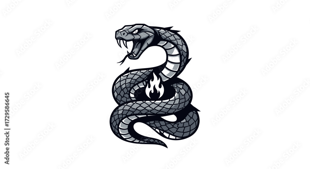 Obraz premium Stylized aggressive snake coiled with fire emblem.