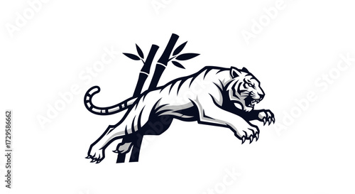 Stylized black and white tiger leaping with bamboo stalks.