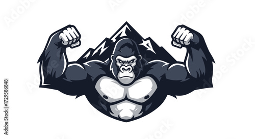 Muscular Gorilla Mascot with Flexed Biceps and Mountain Backdrop.