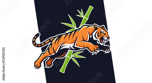 Aggressive jumping tiger with bamboo vector illustration.