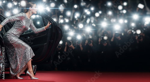 A glamorous celebrity in a sparkling gown steps onto the red carpet amidst a flurry of paparazzi flashes, a perfect visual for fame and exclusive events