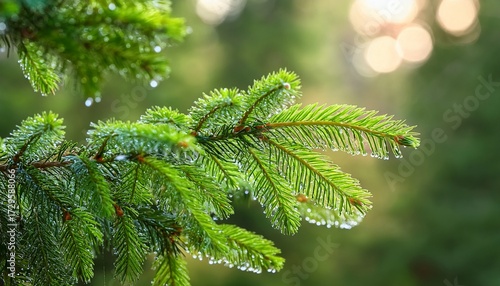 Close Up Of Fresh Green Norway Spruce Branches With Soft Spring Growth And Water Droplets In Natural Outdoor Forest Setting