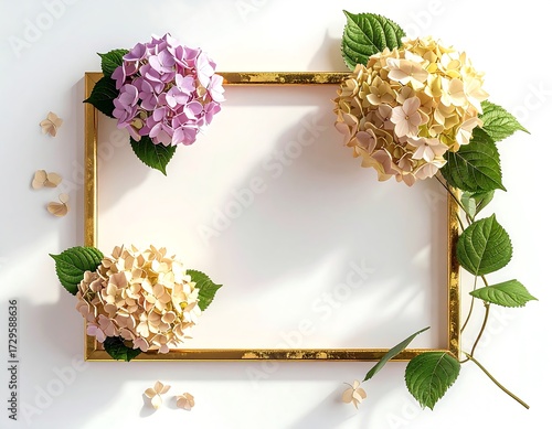 Floral Frame with Hydrangeas on White Backdrop for Design