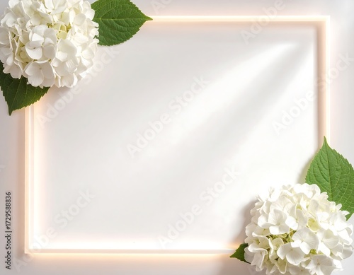 Floral Frame with White Flowers and Green Leaves on White Background