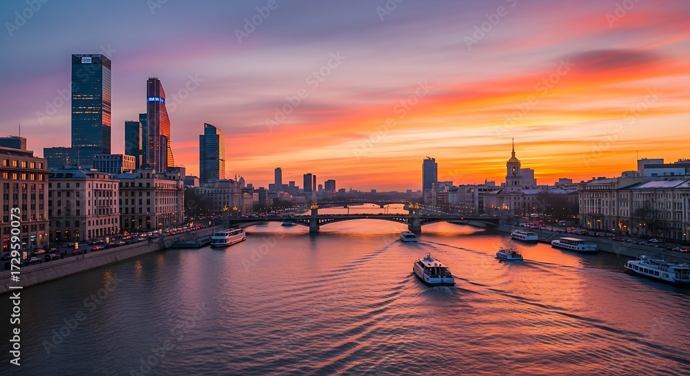 Fototapeta premium Vibrant cityscape view over river under radiant dawn twilight