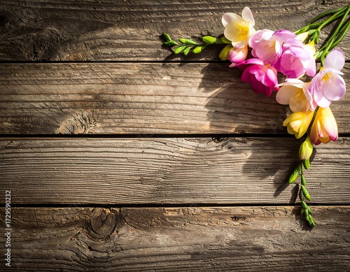 Flowers Laying on Rustic Wooden Background for Greeting Cards