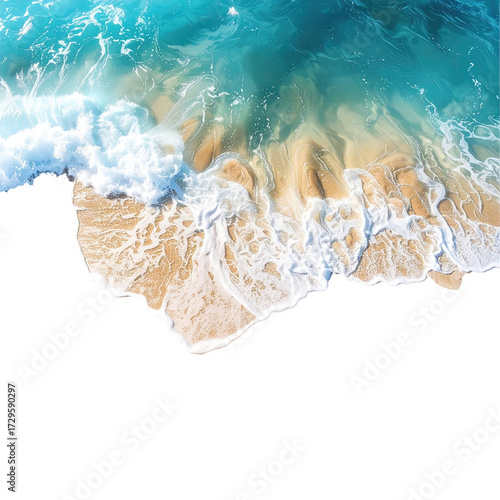 Aerial view of foamy waves lapping sandy shore