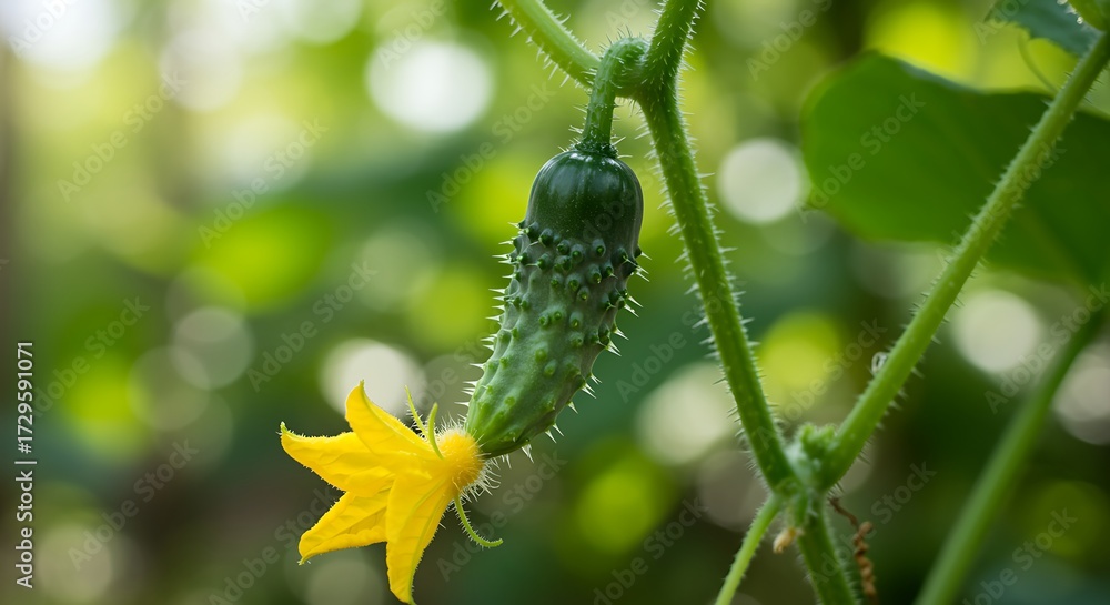 Naklejka premium Young green cucumber with yellow flower on vine in garden young cucumber plant