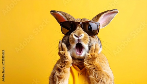 カラフルな背景とサングラスをかけた驚いたうさぎ　生成AI